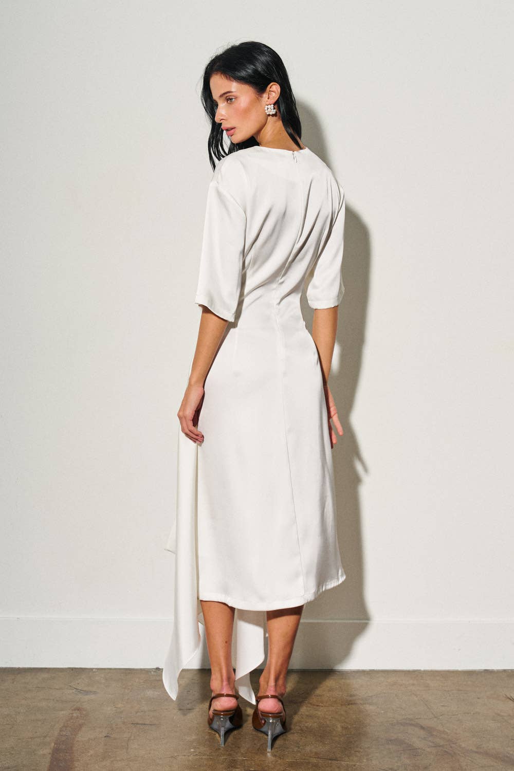 M0052D LADIES WOVEN ASYMMETRICAL SATIN MIDI DRESS