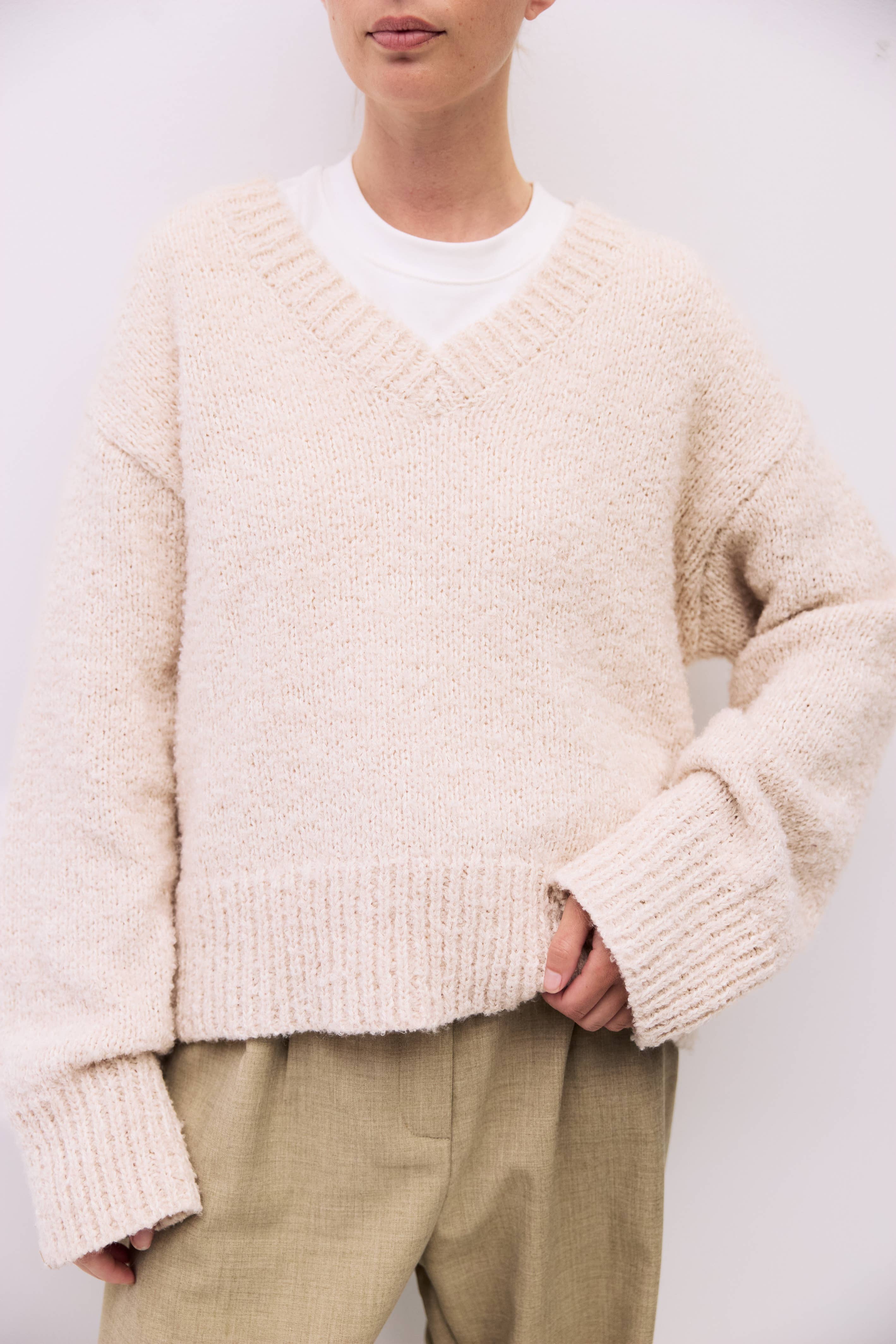 The Glen Sweater | Oversized Boucle Knit V-Neck Sweater