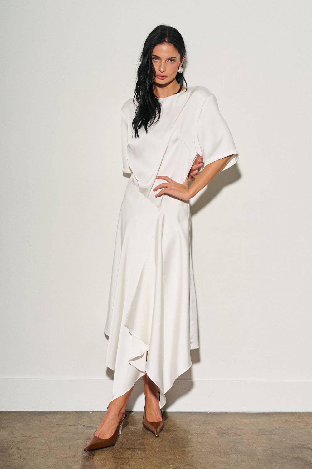 M0052D LADIES WOVEN ASYMMETRICAL SATIN MIDI DRESS