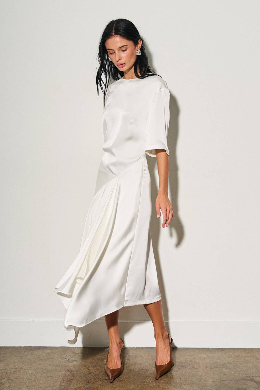 M0052D LADIES WOVEN ASYMMETRICAL SATIN MIDI DRESS