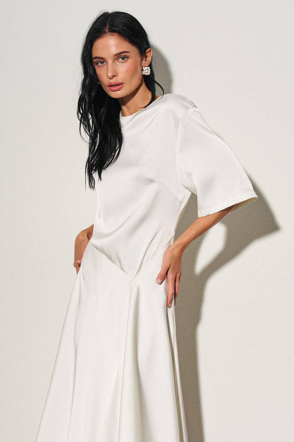 M0052D LADIES WOVEN ASYMMETRICAL SATIN MIDI DRESS