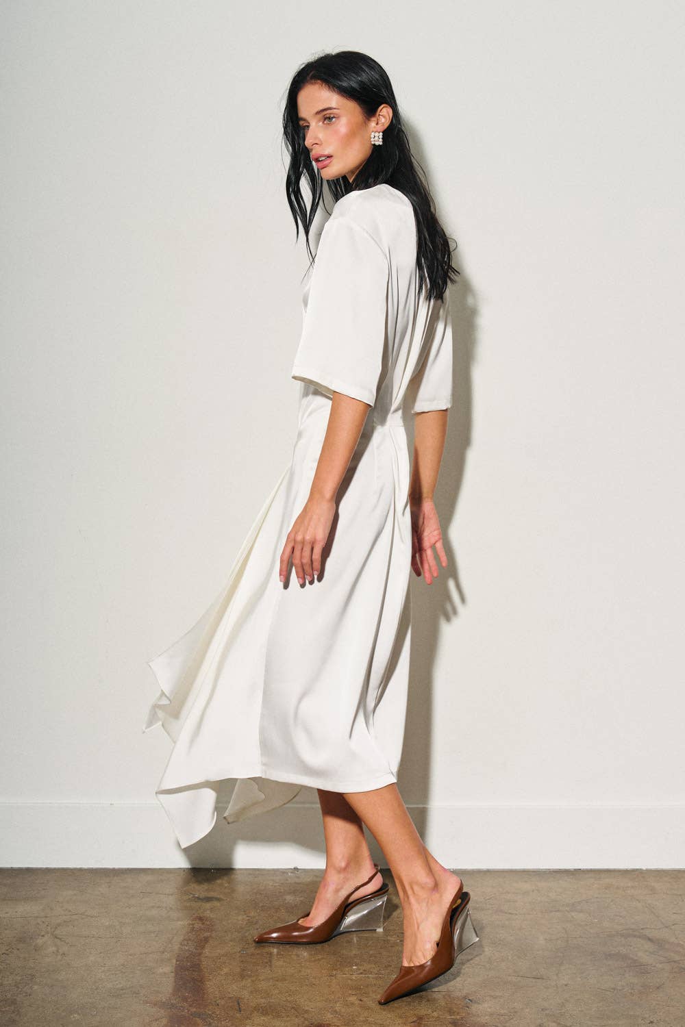 M0052D LADIES WOVEN ASYMMETRICAL SATIN MIDI DRESS