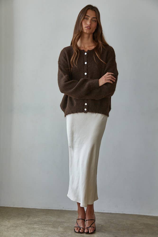 Espresso Round Neck Long Sleeve Cardigan