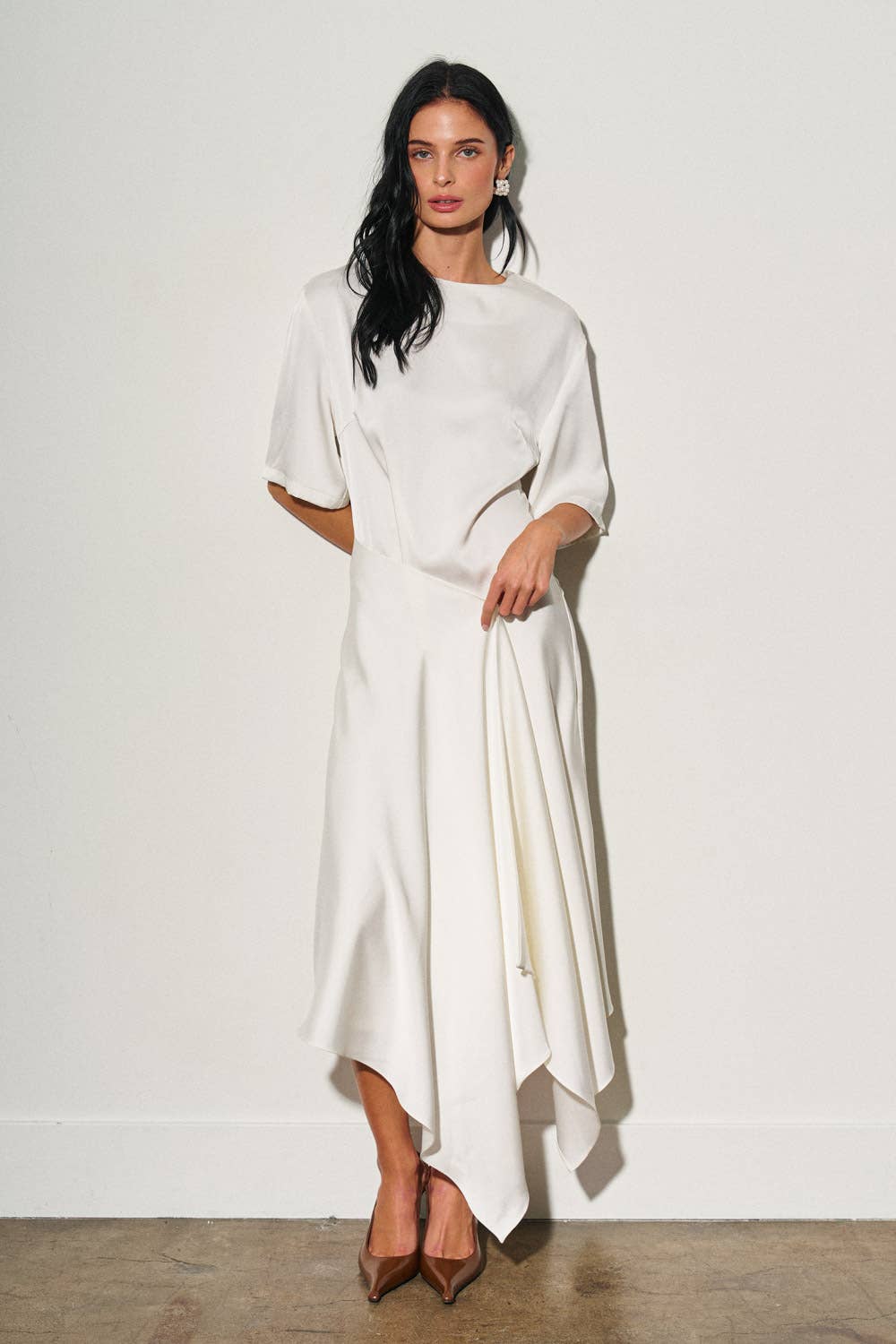 M0052D LADIES WOVEN ASYMMETRICAL SATIN MIDI DRESS