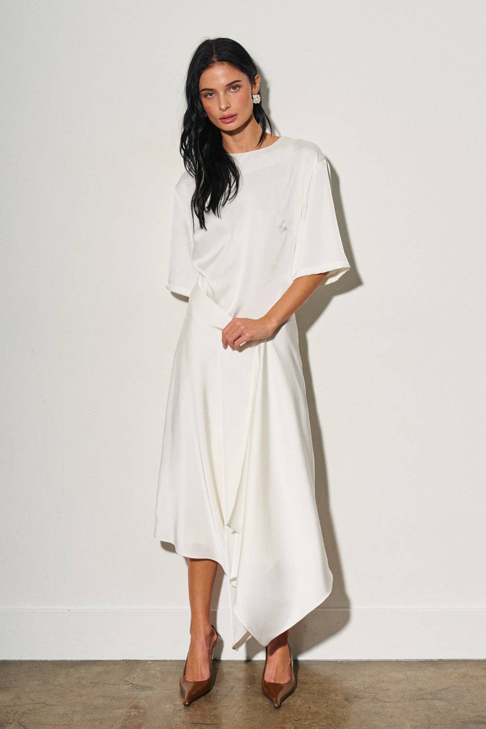M0052D LADIES WOVEN ASYMMETRICAL SATIN MIDI DRESS