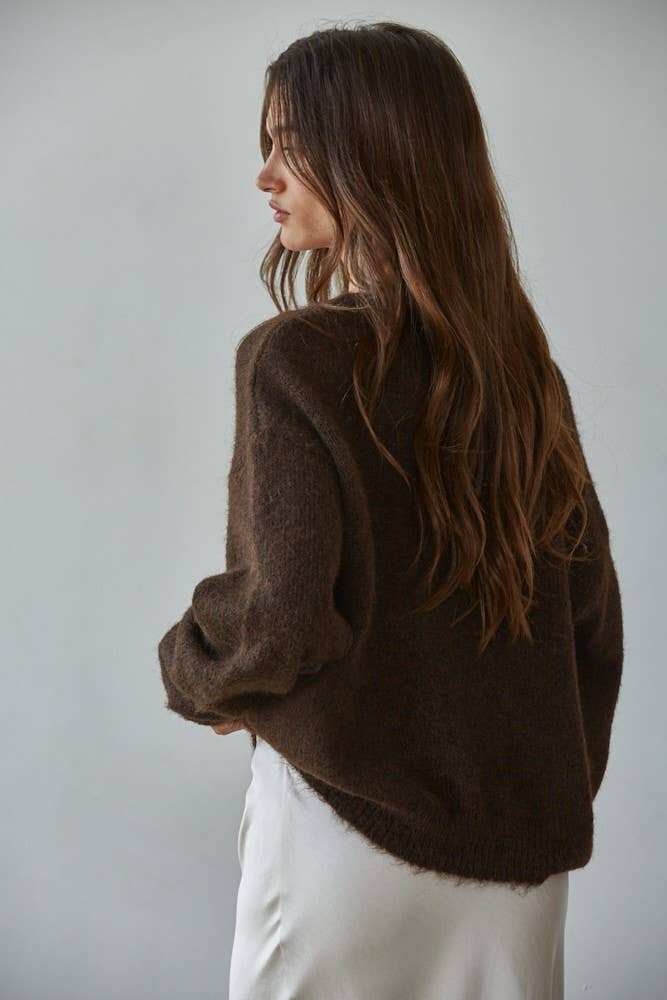 Espresso Round Neck Long Sleeve Cardigan