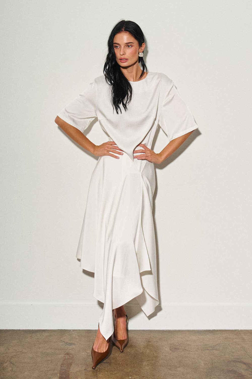 M0052D LADIES WOVEN ASYMMETRICAL SATIN MIDI DRESS