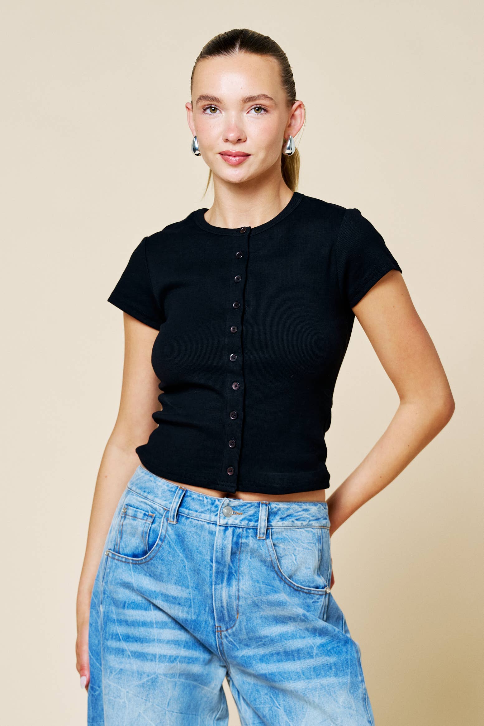 Ribbed Button Down Knit Top