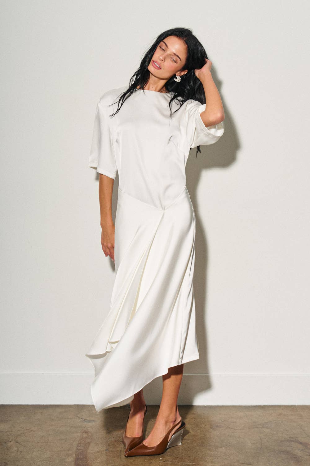 M0052D LADIES WOVEN ASYMMETRICAL SATIN MIDI DRESS