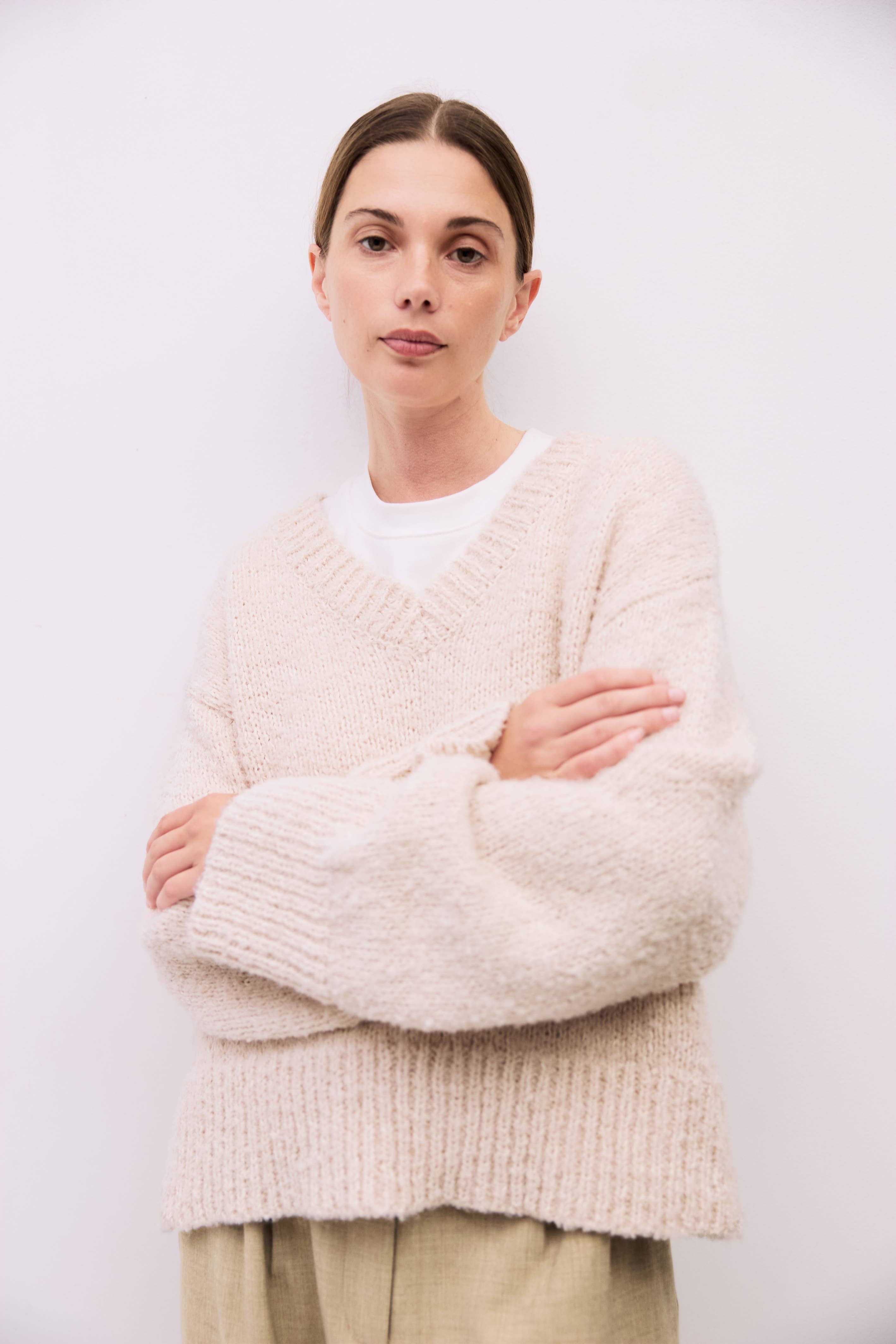 The Glen Sweater | Oversized Boucle Knit V-Neck Sweater