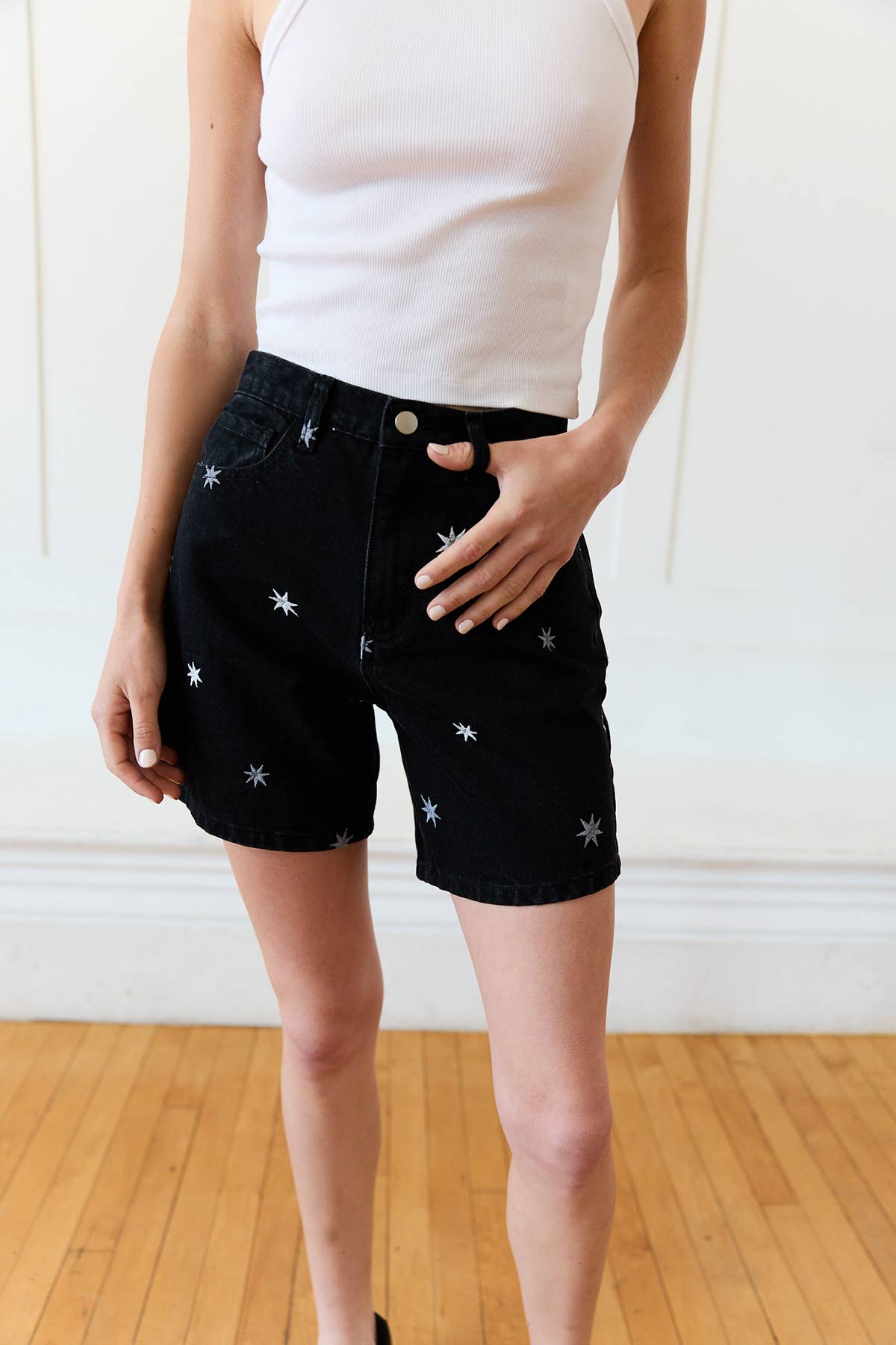 Star Embroidered Denim Shorts